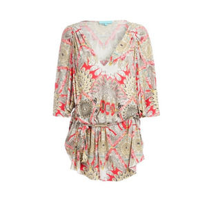 Melissa Odabash Abbey Boho Kaftan Cover Up Tunic Mini Dress Floral Feather Print